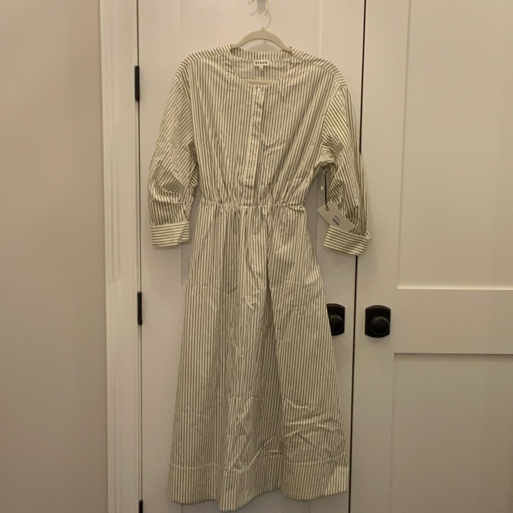 STAUD Cafu Dress Ivory/Dark Oak Micro Stripe Size Small NEW